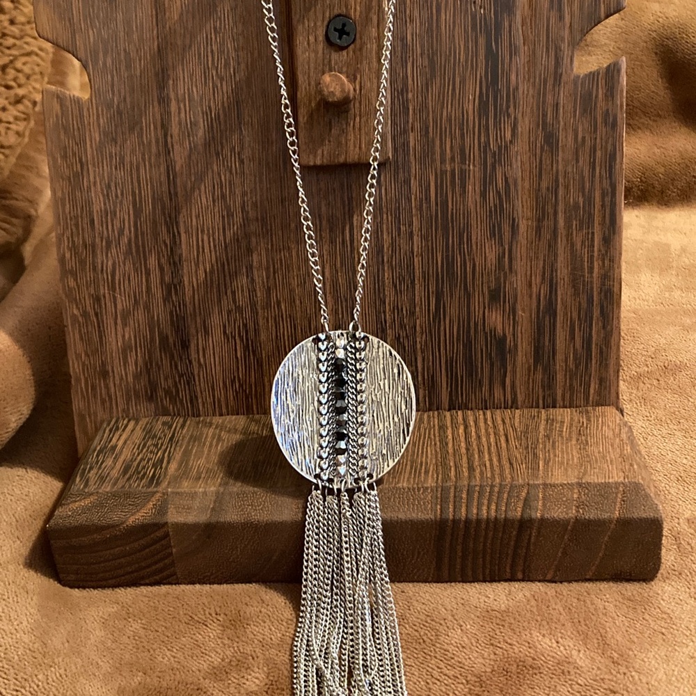Silver Pendant Necklace with Chain Fringe
